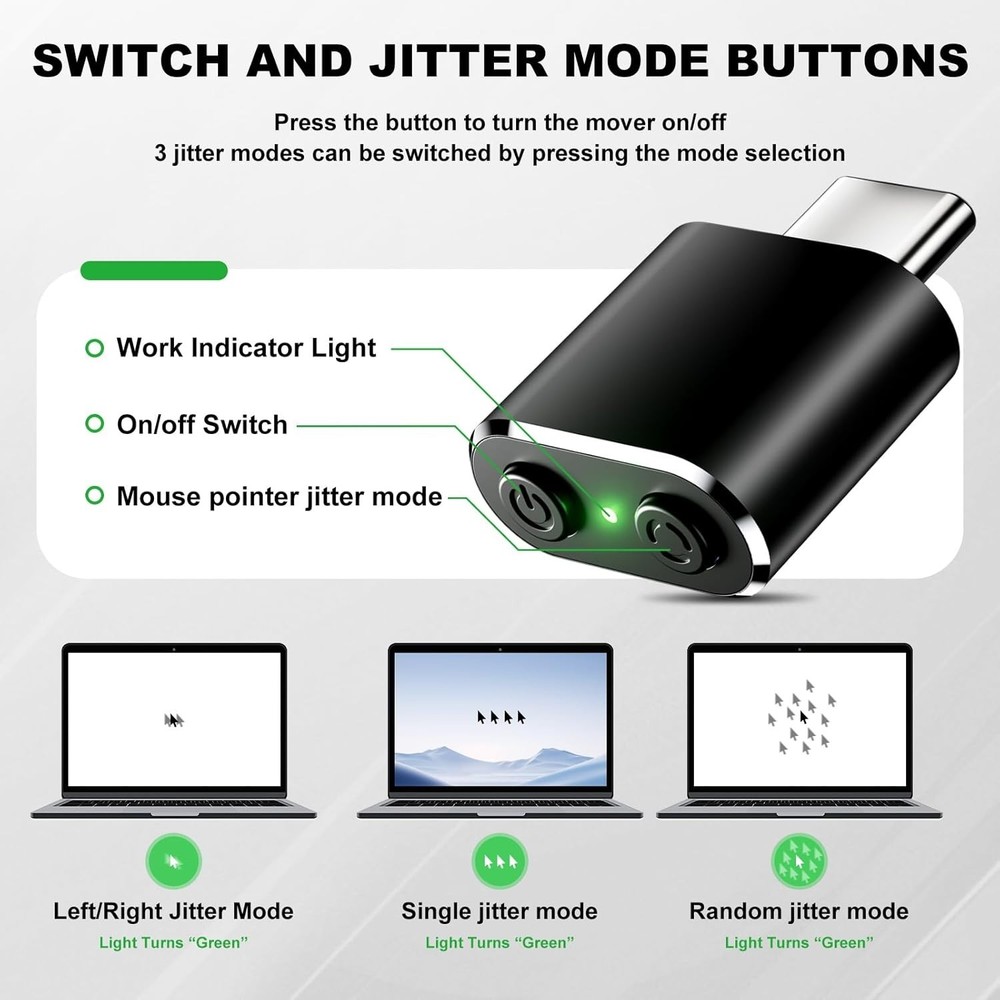 Mini USB-C Mouse Jiggler Undetectable Plug & Play with 3 Jitter Modes & Switch