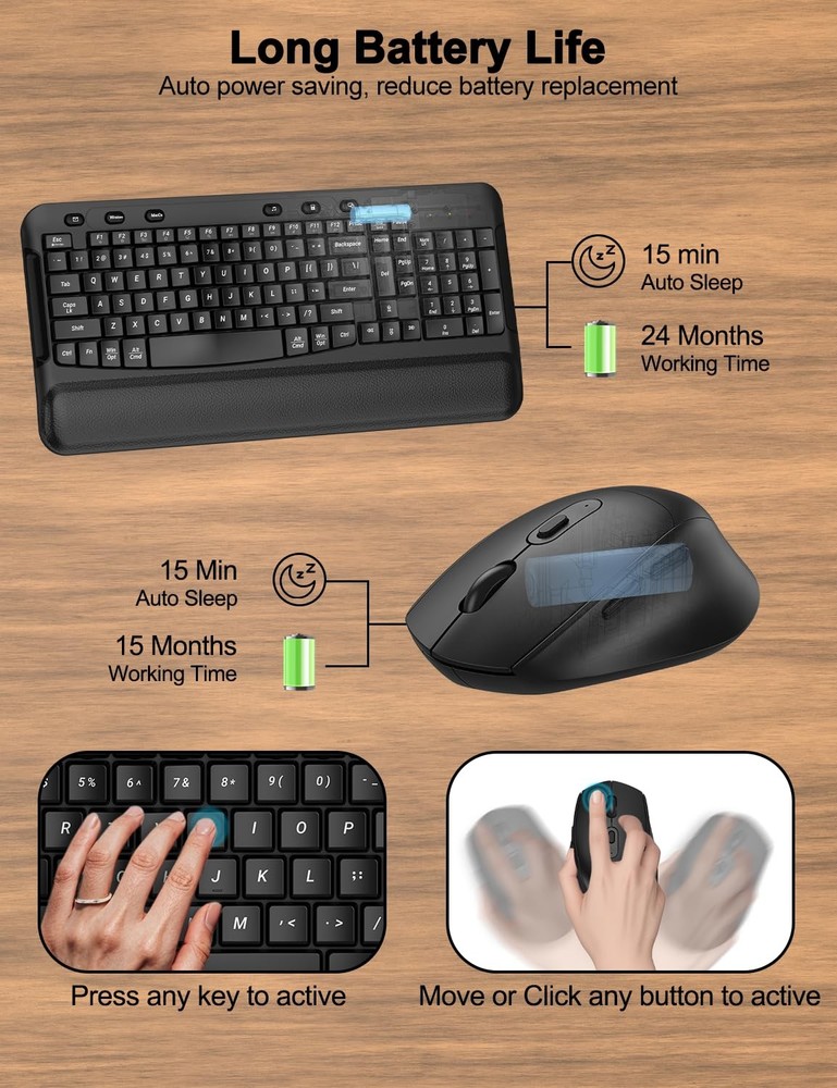 Ergonomic Wireless Keyboard and Mouse Combo, Wave Keys, Full Size Silent Keyb...
