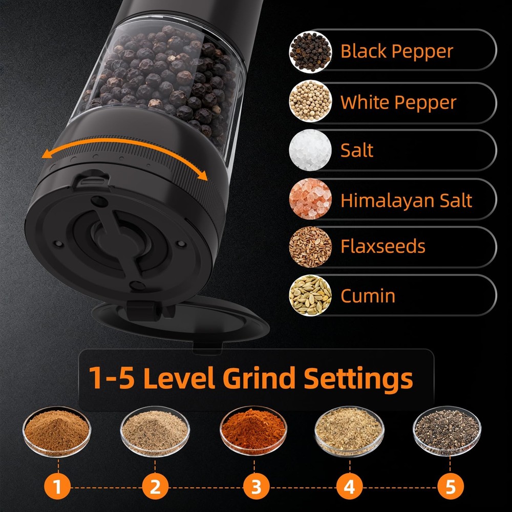 2 Pack Salt and Pepper Grinder Set, Rechargeable Automatic Pepper Mill with B...