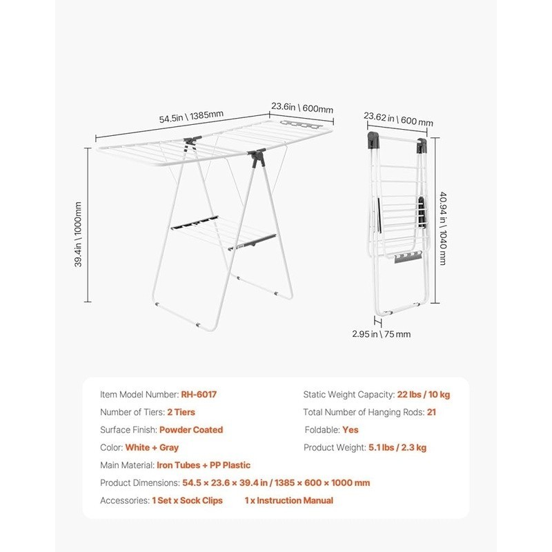 Large Capacity Adjustable Drying Rack W/ 21 Rods Foldable Design & Sock Clips US