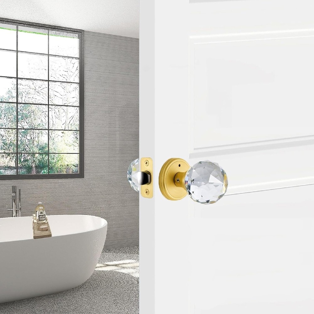 Crystal Glass Door Knobs Interior with Lock, Privacy .Privacy, Satin Brass