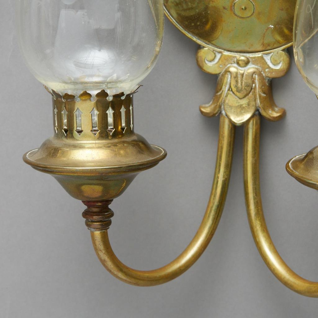 Pair Patinated Brass Etched Grape Glass Hurricane Two Armed Sconces 12.25"h