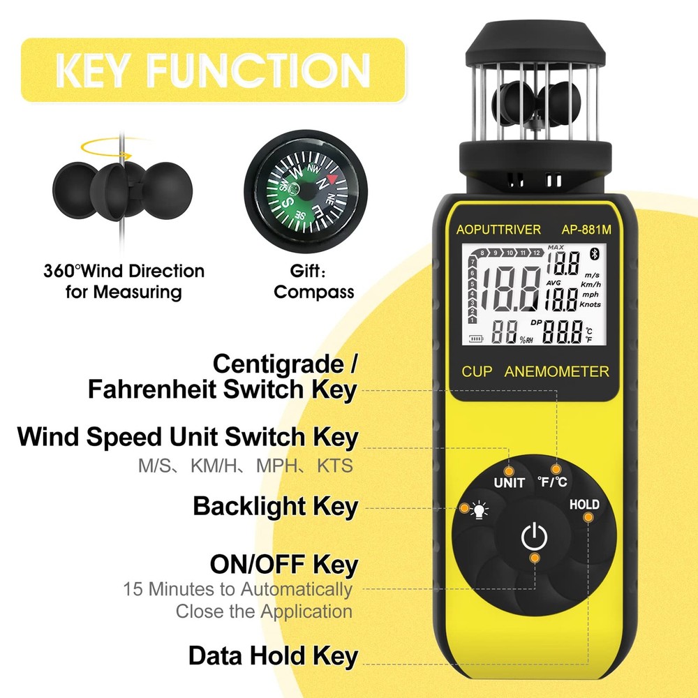 Wind Cup Anemometer with 360°Direction, Handheld Wind Speed Meter Temp℃/℉ Mea...