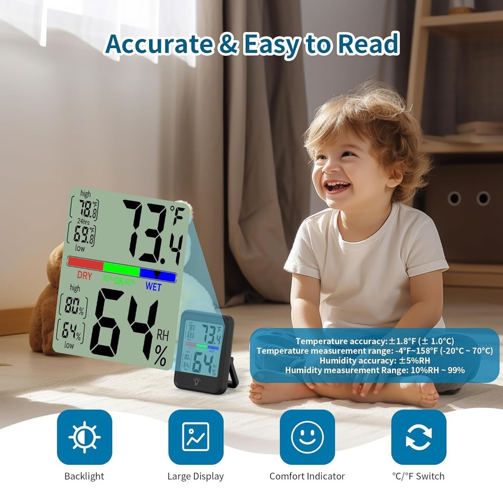 Digital Thermometer Hygrometer, Indoor Wall Thermometer, Indoor Humidity Temp...