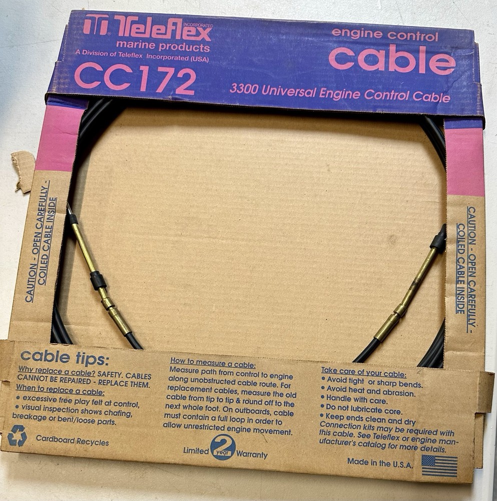 1- NOS - TELEFLEX MARINE PRODUCTS UNIVERSAL ENGINE CONTROL CABLE CC172    20'