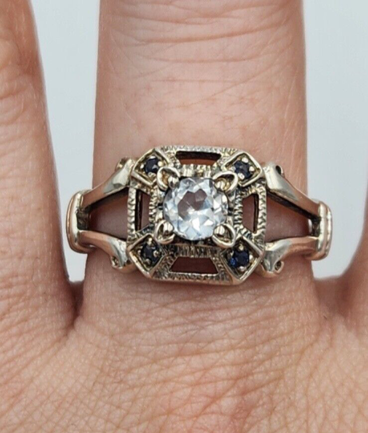 Sterling Silver CZ & Sapphire Ring, Size 9