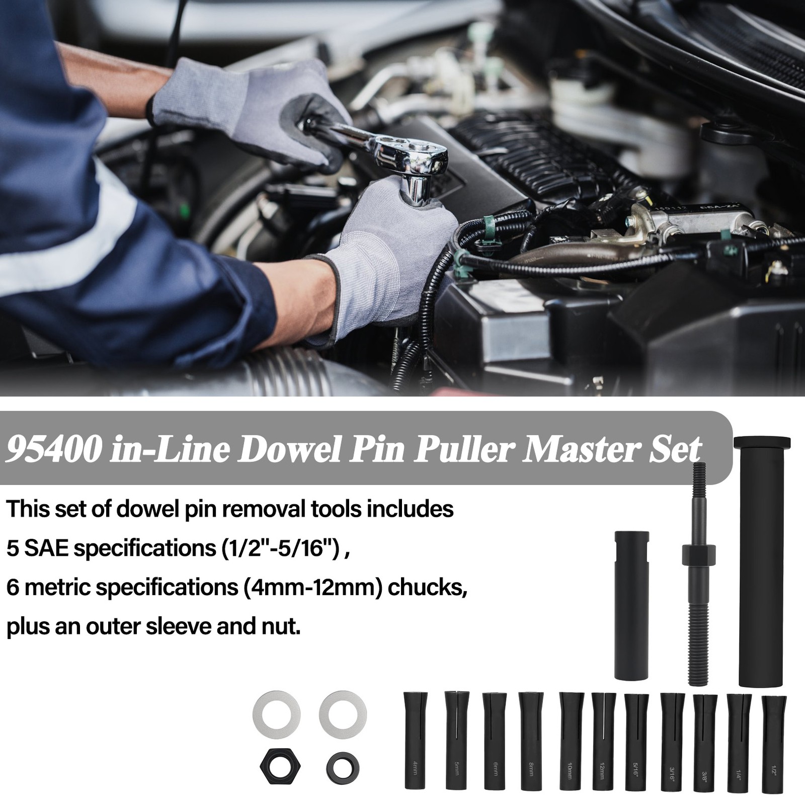 18pcs 95400 in-Line Dowel Pin Puller Master Set Includes Both SAE&Metric Collets