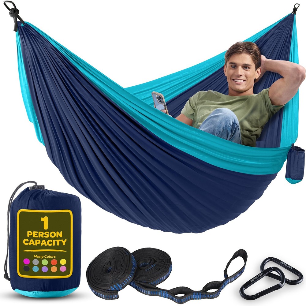 Durable Hammock 400 lb Capacity, Nylon Camping Medium, Blue & Light