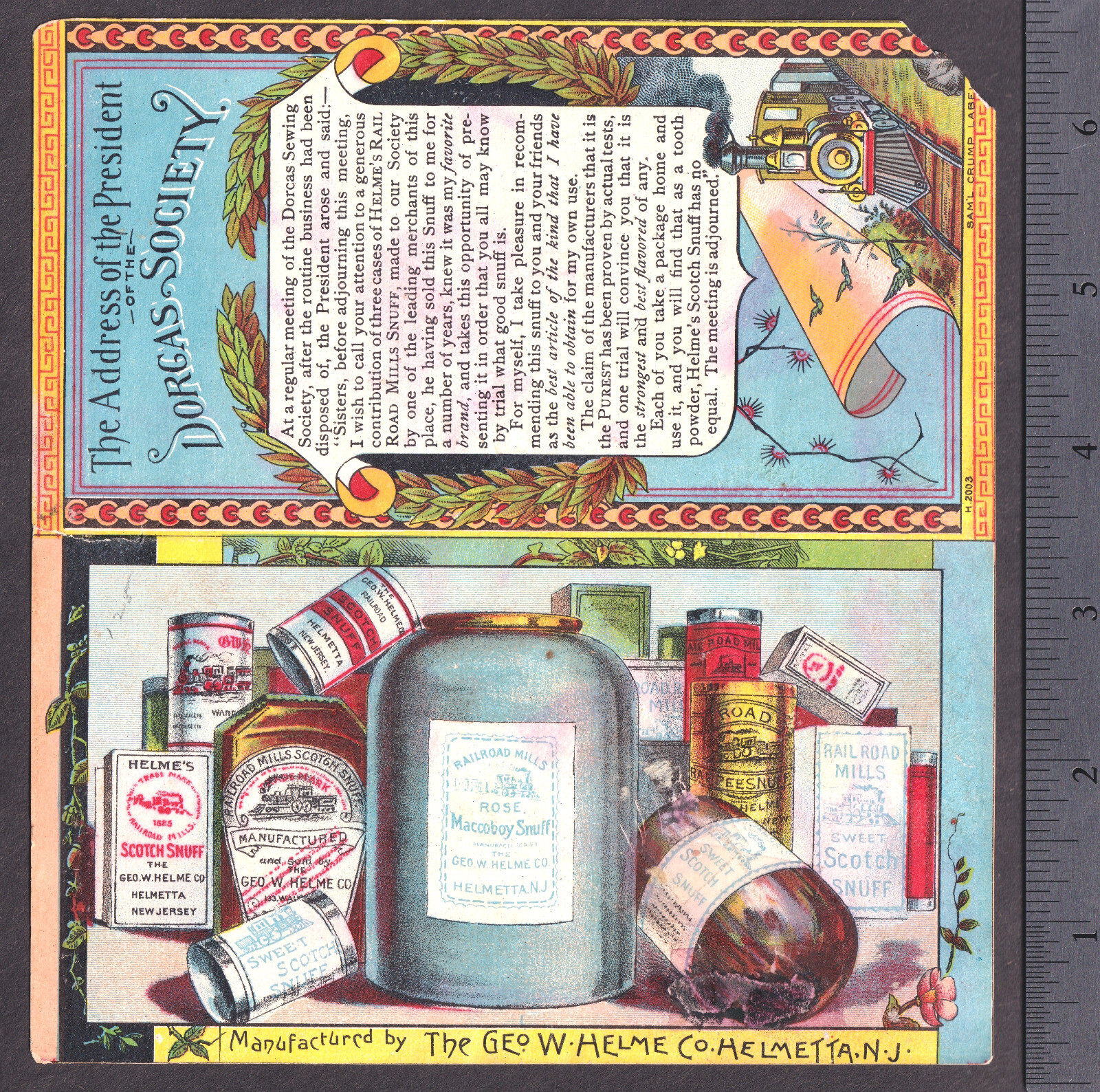 Railroad Snuff RARE 19th Century Tobacco Dorcas Sewing Society Helmes Trade Card