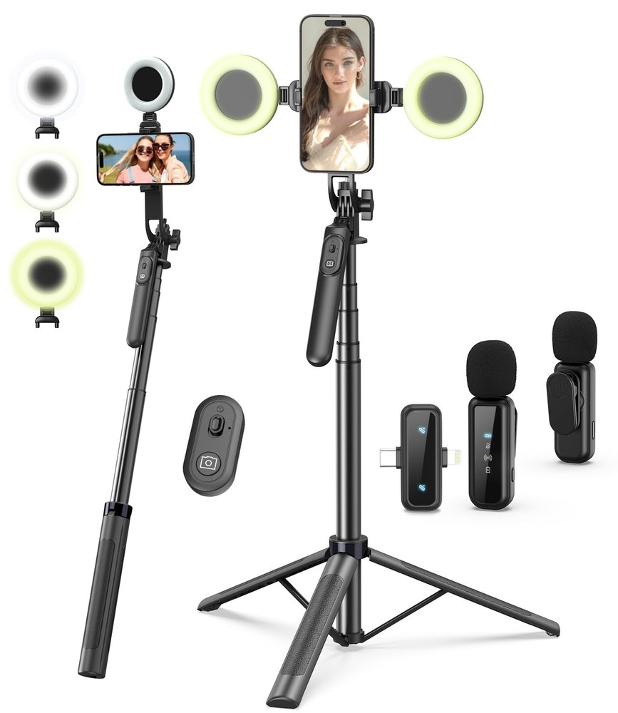 Vlogging Kit for iPhone/Android, 71" Selfie Stick Tripod iPhone Black