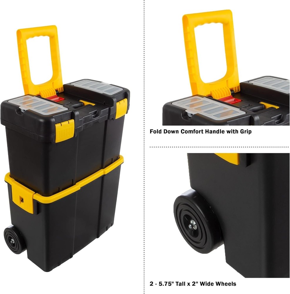 2-in-1 Portable Tool Box with Wheels Stackable Tool Chest Removable Tray