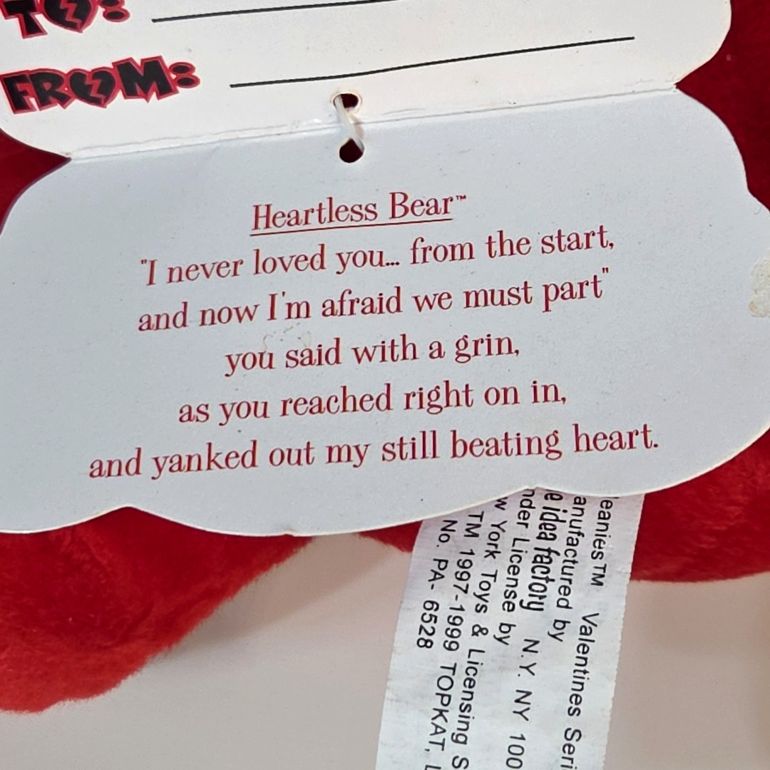 Idea Factory 1999 Meanies Valentines Red Heartless Bear Bean Bag Plush LE 7500