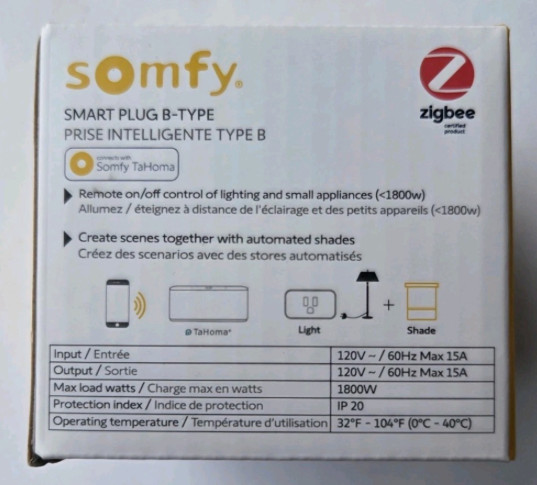 Somfy Smart Plug, B-Type, Zigbee, #1871217A - NEW In BOX!