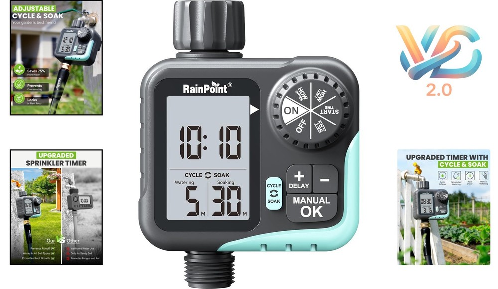 Programmable Garden Hose Sprinkler Timer with Cycle & Soak, Rain Delay