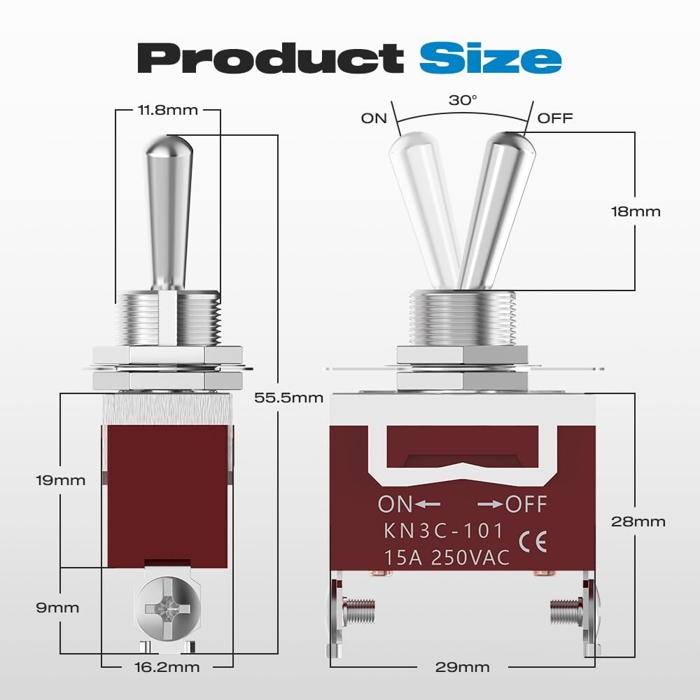 Toggle Switch 12V 30A Heavy Duty ON/Off 2Pin SPST Waterproof Toggle Switch 2Pack
