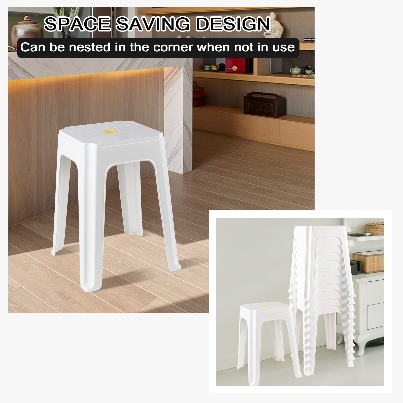 6/12-Pack 18.7 Inch Height Home Plastic Seat Stool Square Stackable Chair, White