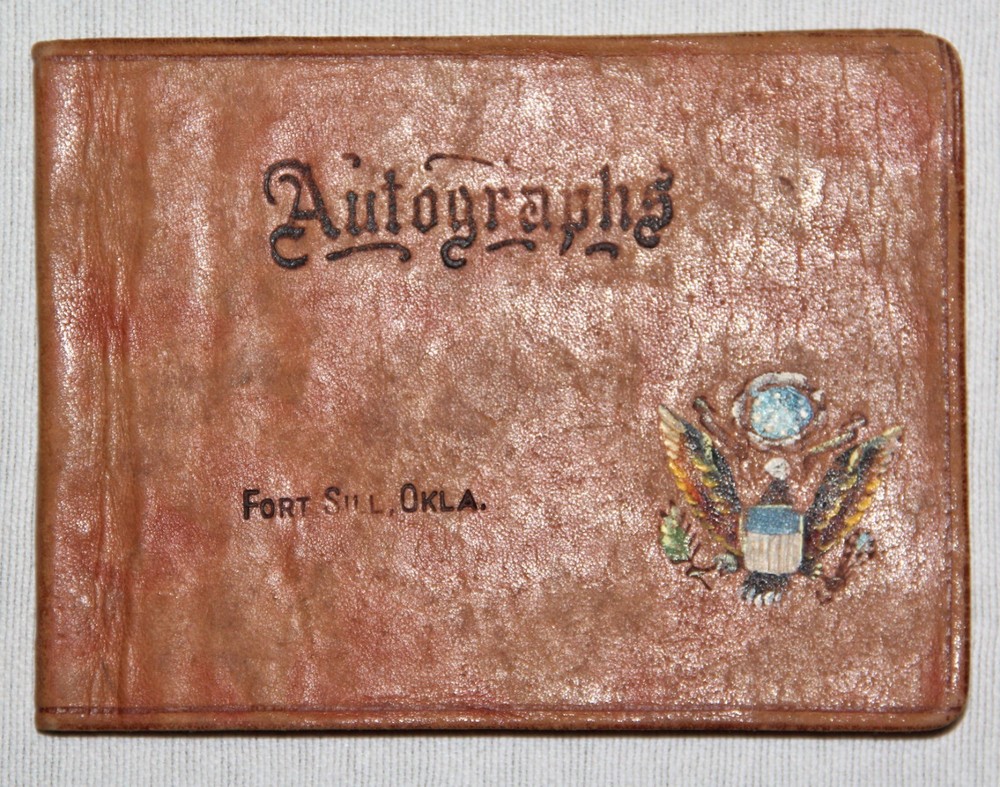 ORIGINAL WWII AUTOGRAPH BOOK FROM FORT SILL OK WITH INSIGNIA, PHOTOS & POSTCARDS