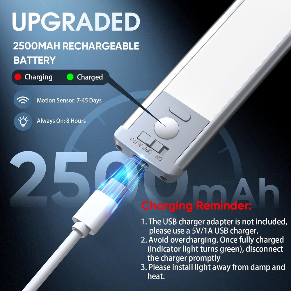 Rechargeable 14.7" Motion Sensor Under Cabinet Lights, 2 Pack, Dimmable