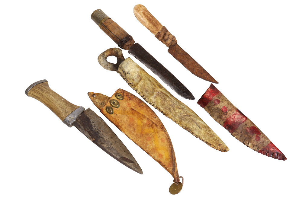 Three Vintage Knives with Rawhide Parfleche Sheaths