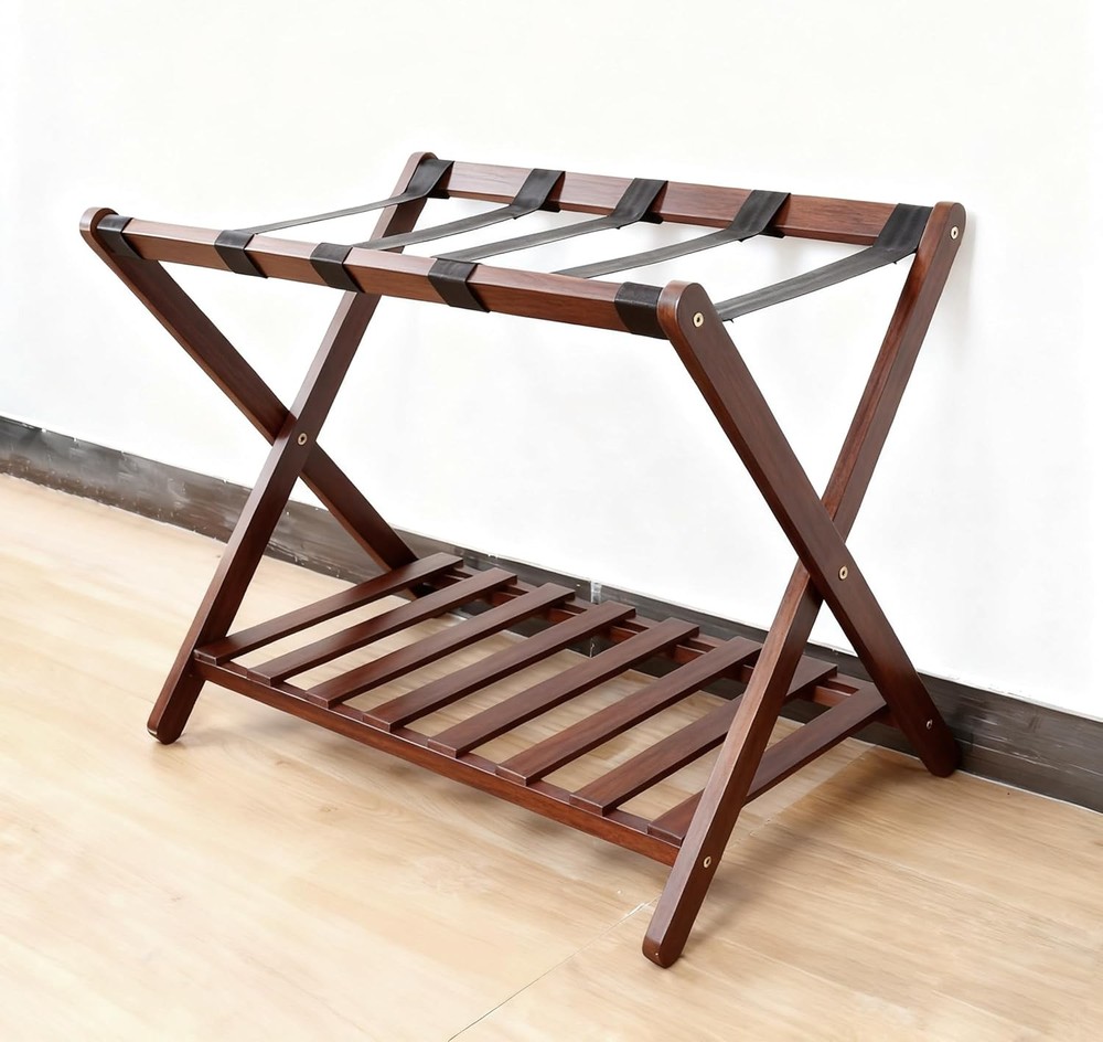 Stylish Solid Wood Luggage Rack with Shelf Foldable Suitcase Stand w/ Storage