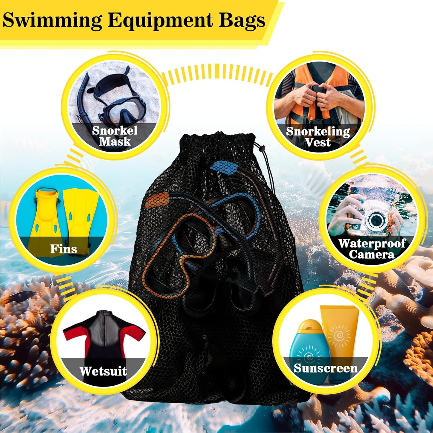 3PCS Mesh Bag - Drawstring Dive Bag Snorkel Dive Backpack for Swimming Gear, Div