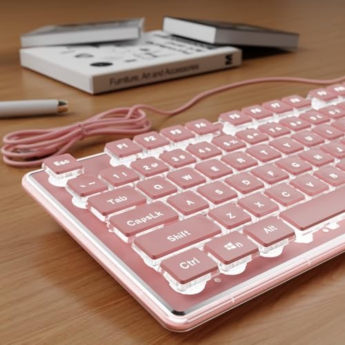 Wired Computer Keyboard with White Backlit, Aesthetic Full Size Wired Pink