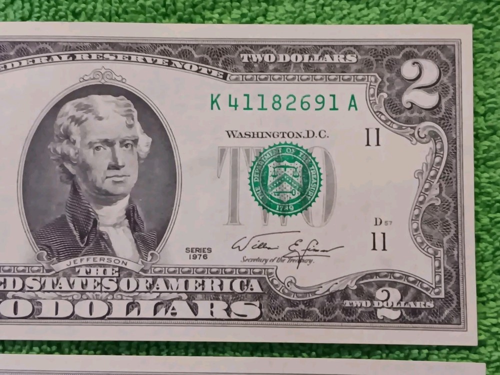 2-Errors-2 Consecutive 1976 $2 Green Seal Federal Reserve Notes-Serial# Shift