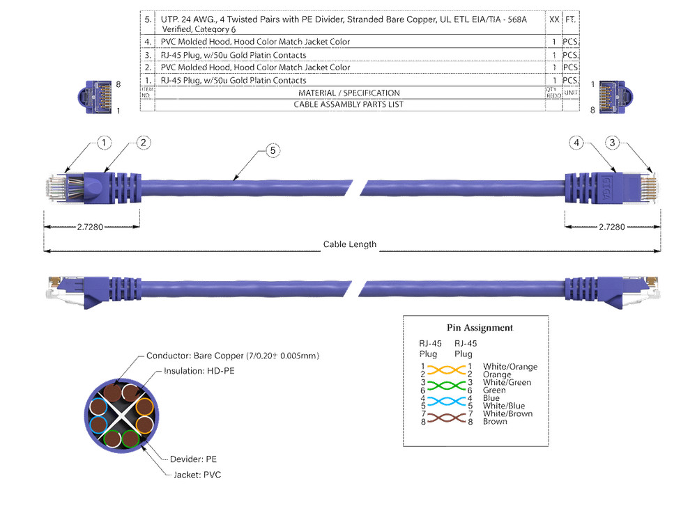 5ft Cat6 UTP Ethernet Network Patch Cable Snagless 24AWG Bare Copper, Purple