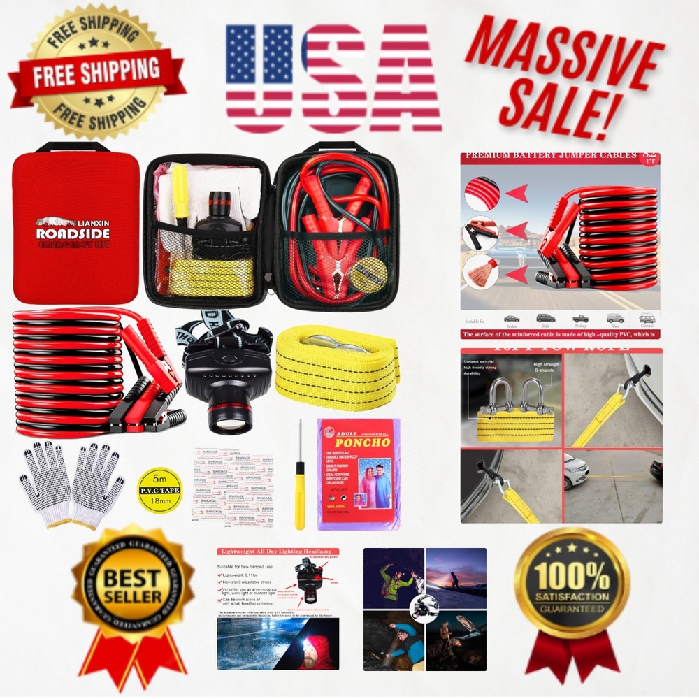Compact Red Roadside Emergency Kit with Jumper Cables & Adjustable Headlamp
