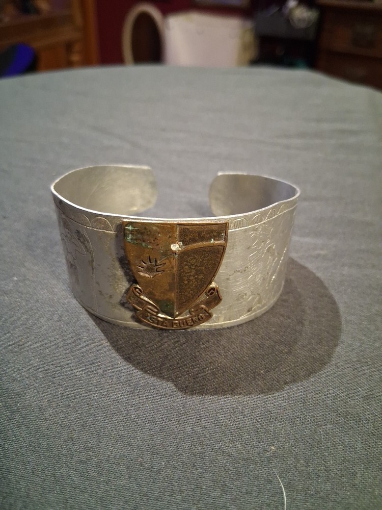 WWII 1943-44~US Navy~Engraved Trench Art Bracelet Cuff Hula Lady South Pacific