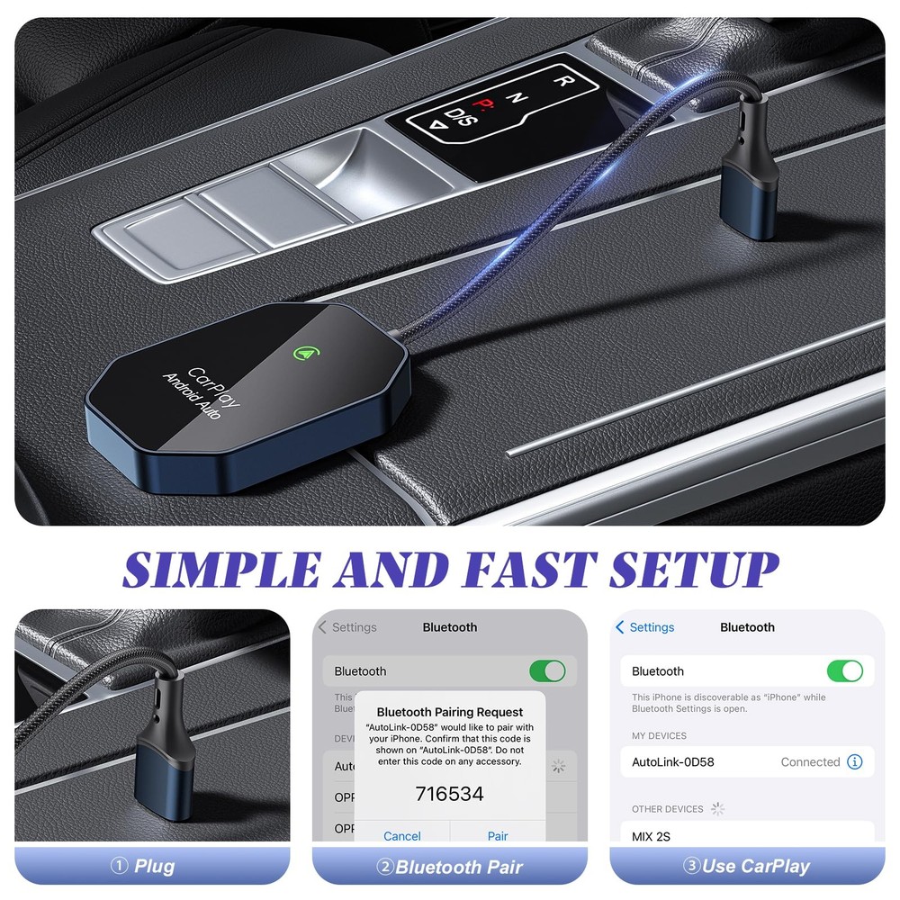 Wireless Carplay Adapter, 2 in 1 CarPlay & Android Auto Black