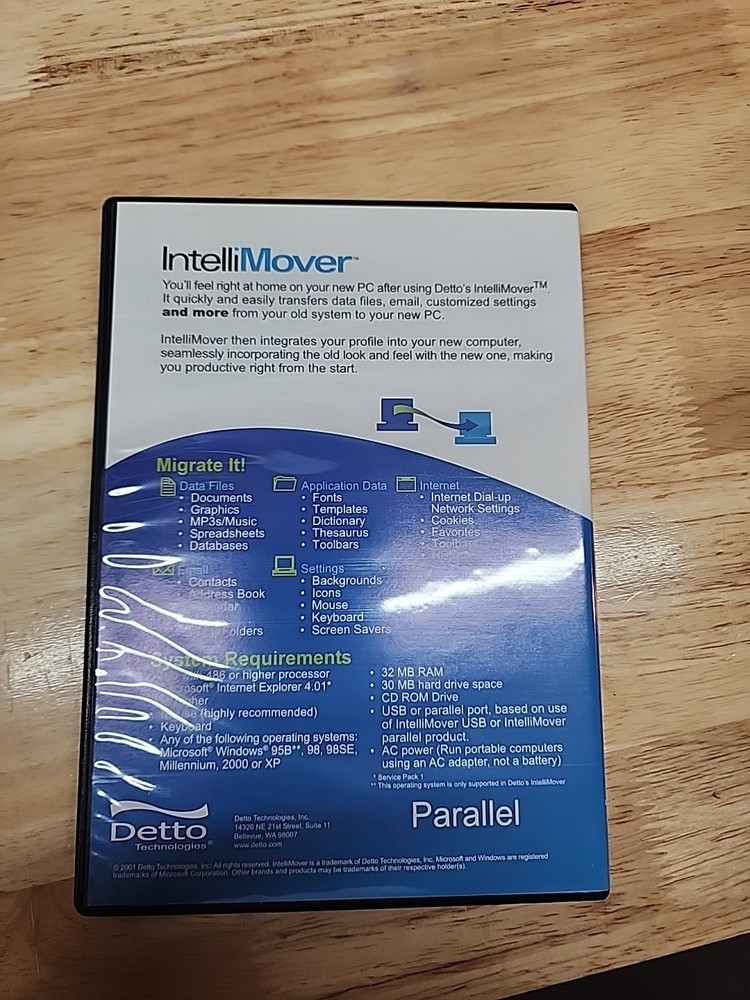 Detto Technologies / INTELLIMOVER / (PC to PC DATA TRANSFERRING) / CD-ROM / PC