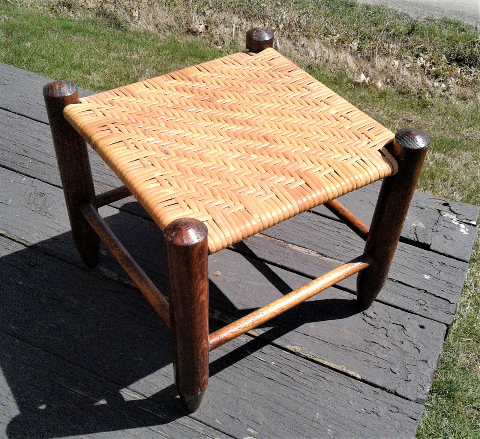 Antique Oak Foot Stool with Hand Woven Seat 1900s Era