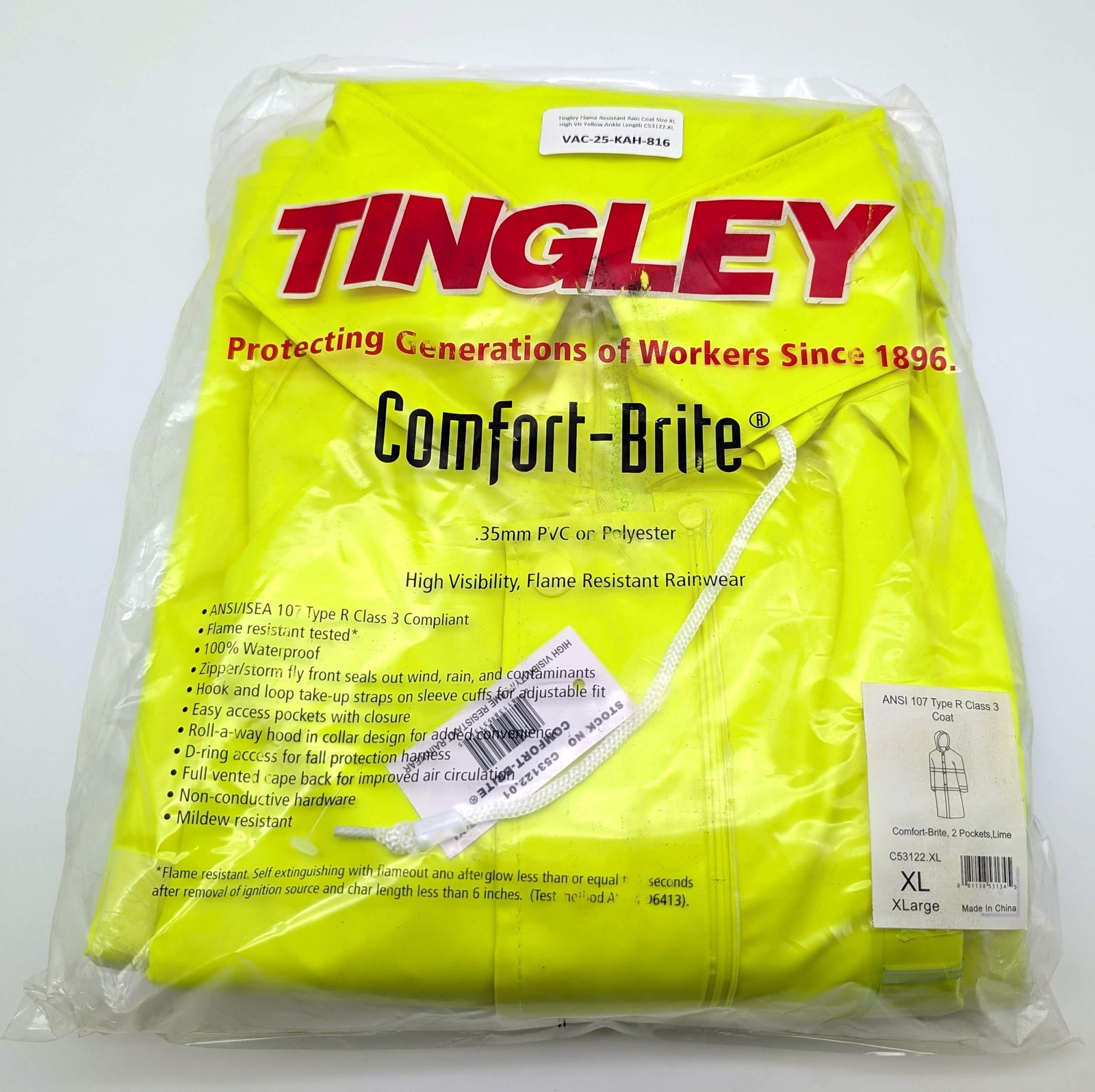 Tingley Flame Resistant Rain Coat Size XL High Vis Yellow Ankle Length C53122.XL