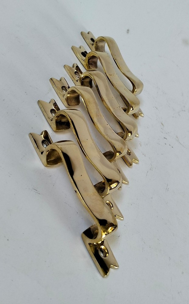 6 PULLS 4" handle heavy ribbon solid heavy brass old style kitchen GRAB 10 cm