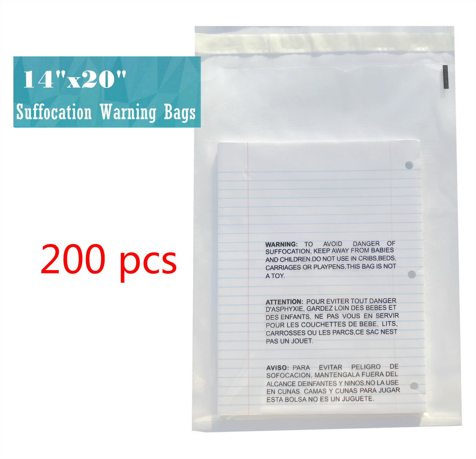 14x20 Clear Suffocation Warning Poly Self Seal Bags -ST ShipMailers