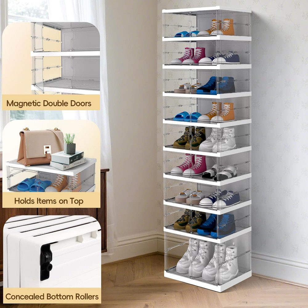 9-Tier Foldable Shoe Rack with Magnetic Doors - Space-Saving Organizer