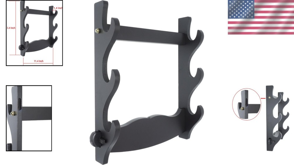 Sturdy Black Wood Samurai Sword Display Stand - 3 Layer Wall Mount Rack