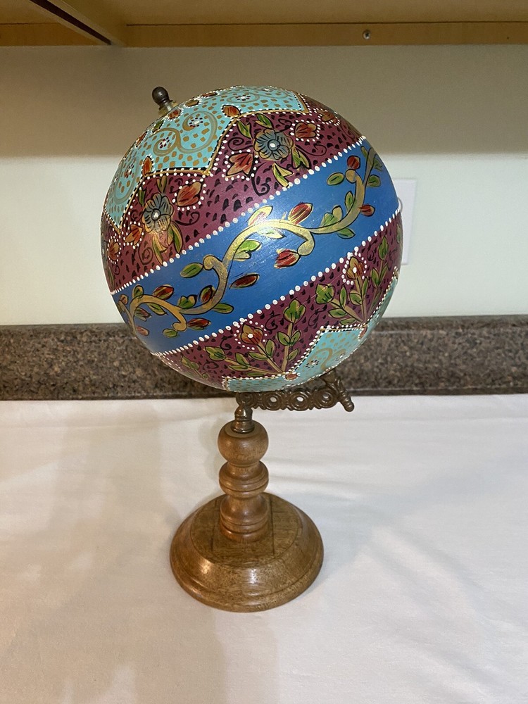 Decorative Hand Painted Globe On Wooden Base Multi Colored 15" Does Turn