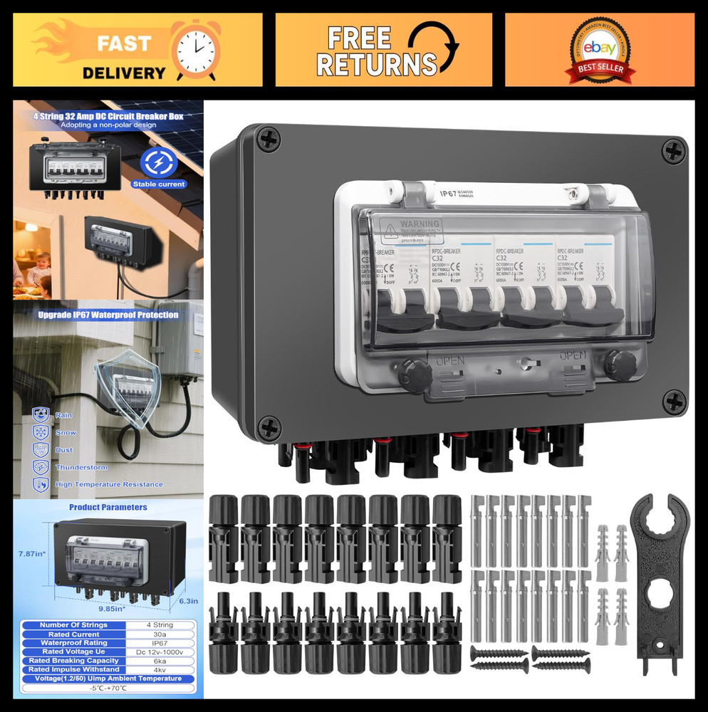 "32A Solar Panel Disconnect Switch & Waterproof Combiner Box, 4 String 4 Out, MC