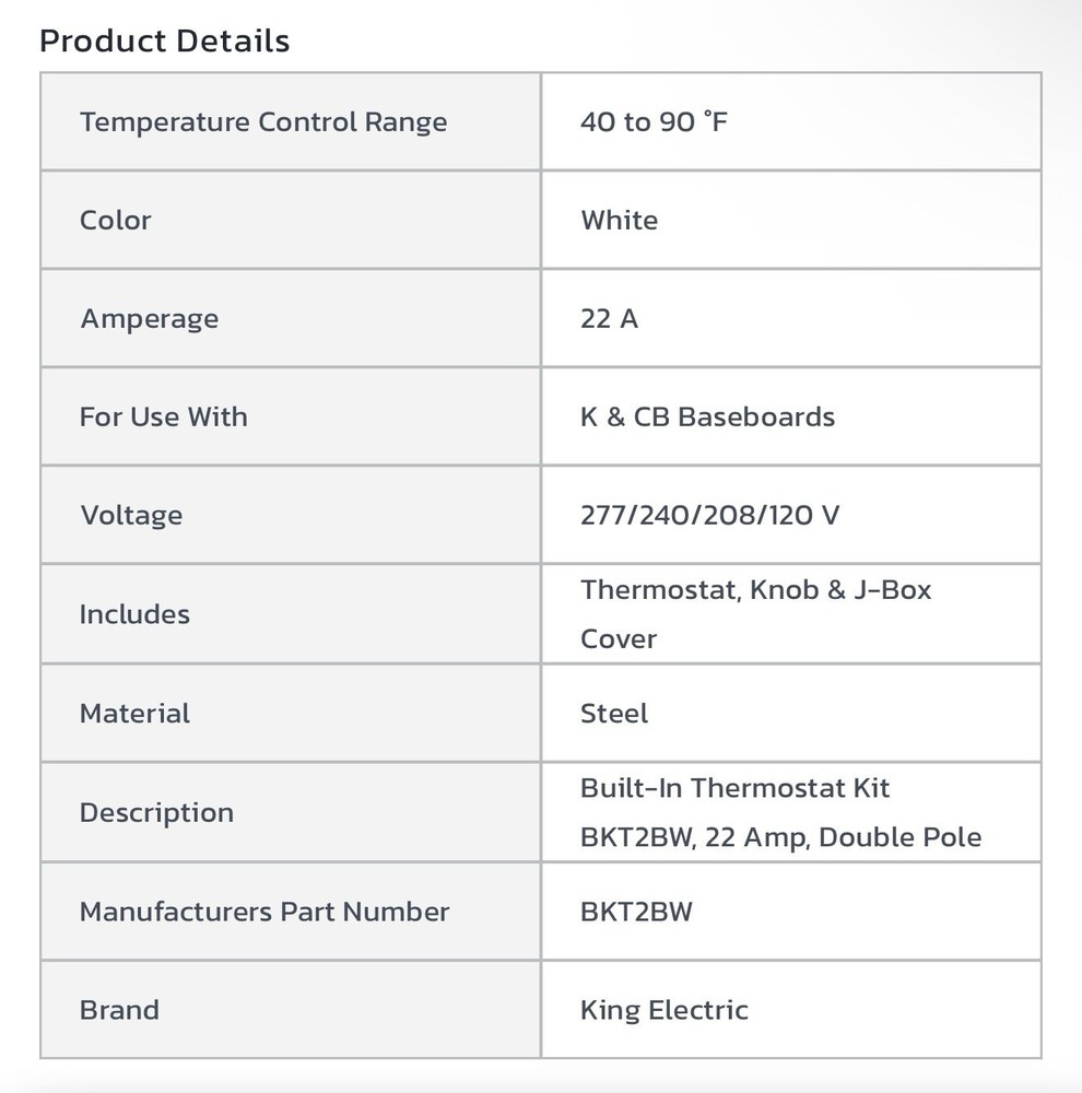 King Double Pole Adjustable Built-In Thermostat Model BKT2BW