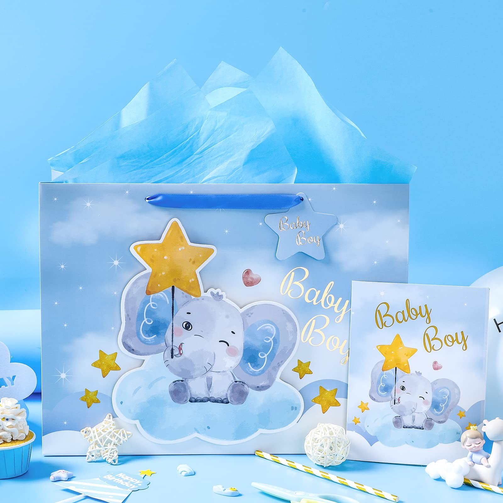 16" Extra Large Baby Boy Gift Bag with Card and Tissue Paper - For Baby Shower