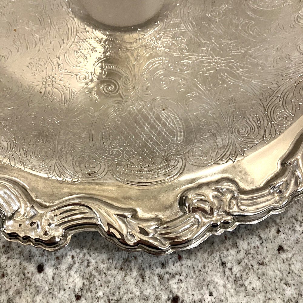 International Silver Co. Round Serving Platter w/ Etching & Scroll Edge