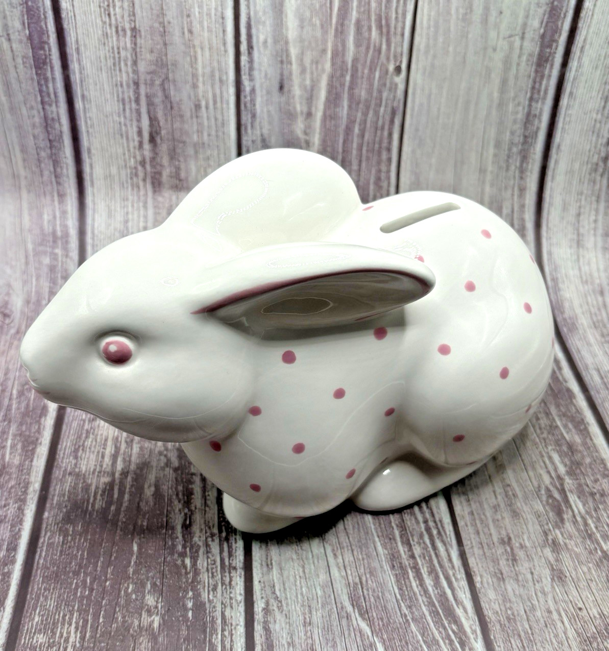 Tiffany & Co Ceramic Bunny Vintage Piggy Bank Pink Polka Dots Hand Painted Italy