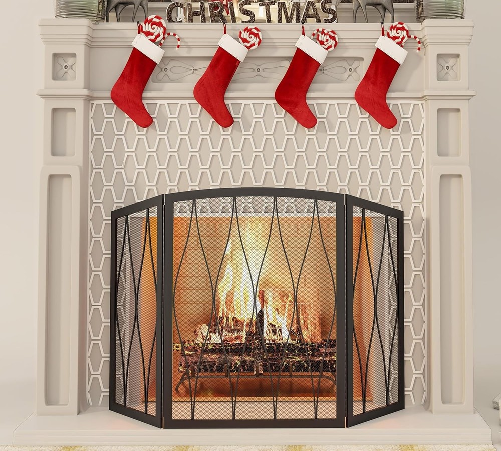 Childproof Fireplace Screen 3- Panel Modern Handcrafted Wrought Iron Foldable