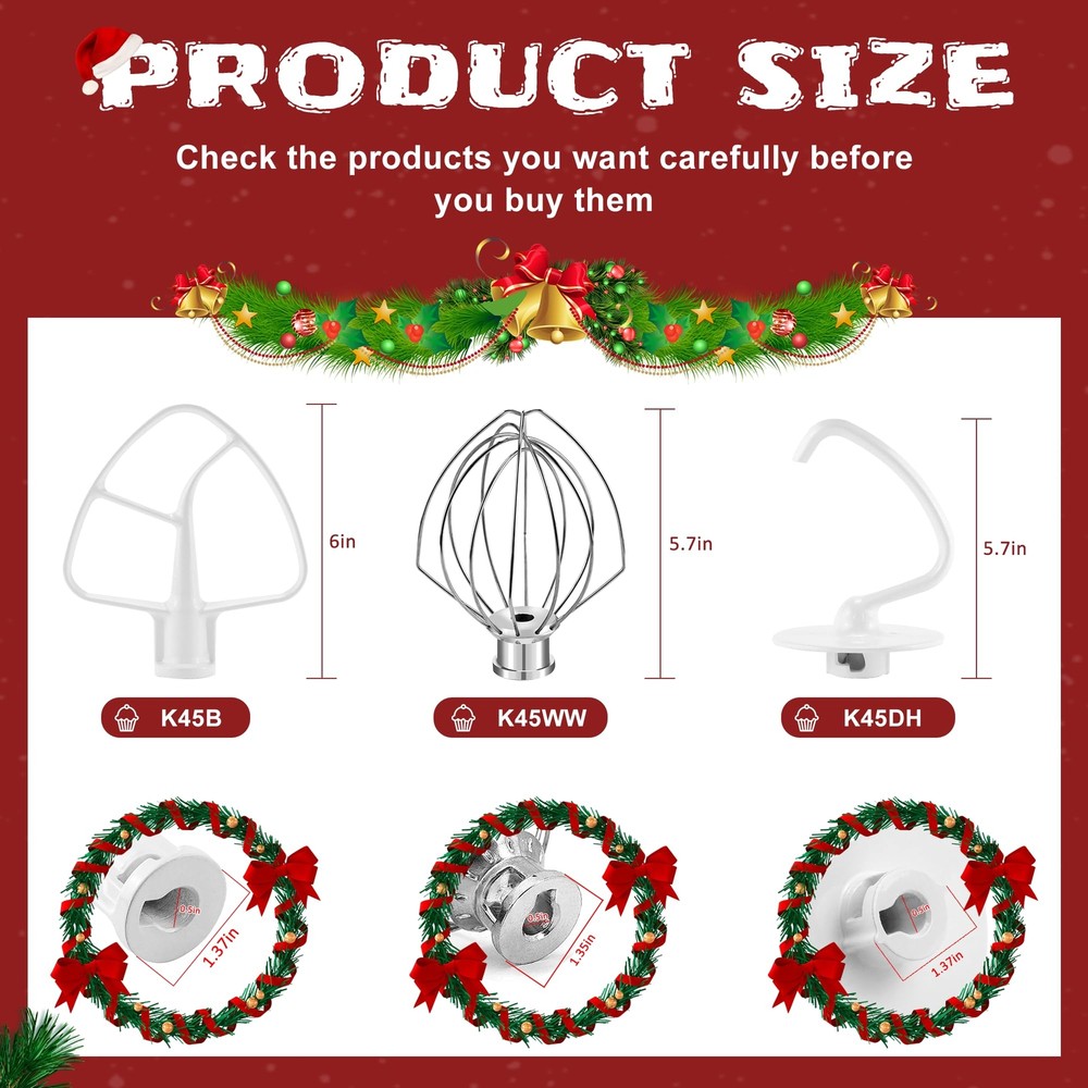 Mixer Accessories 3-Piece Set Includes Dough Hook Flat Blade Paddle Wire Whip