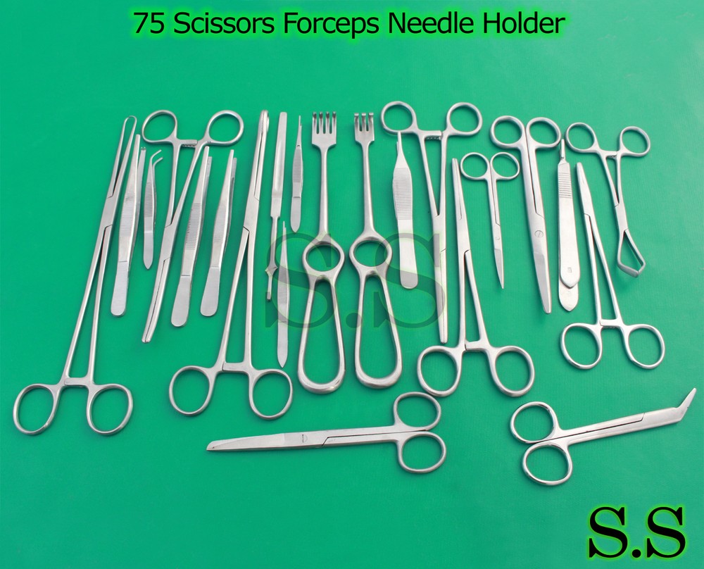 75 SCISSORS FORCEPS NEEDLE HOLDER TOWEL CLAMP SURGICAL VETERINARY INSTRUMENTS