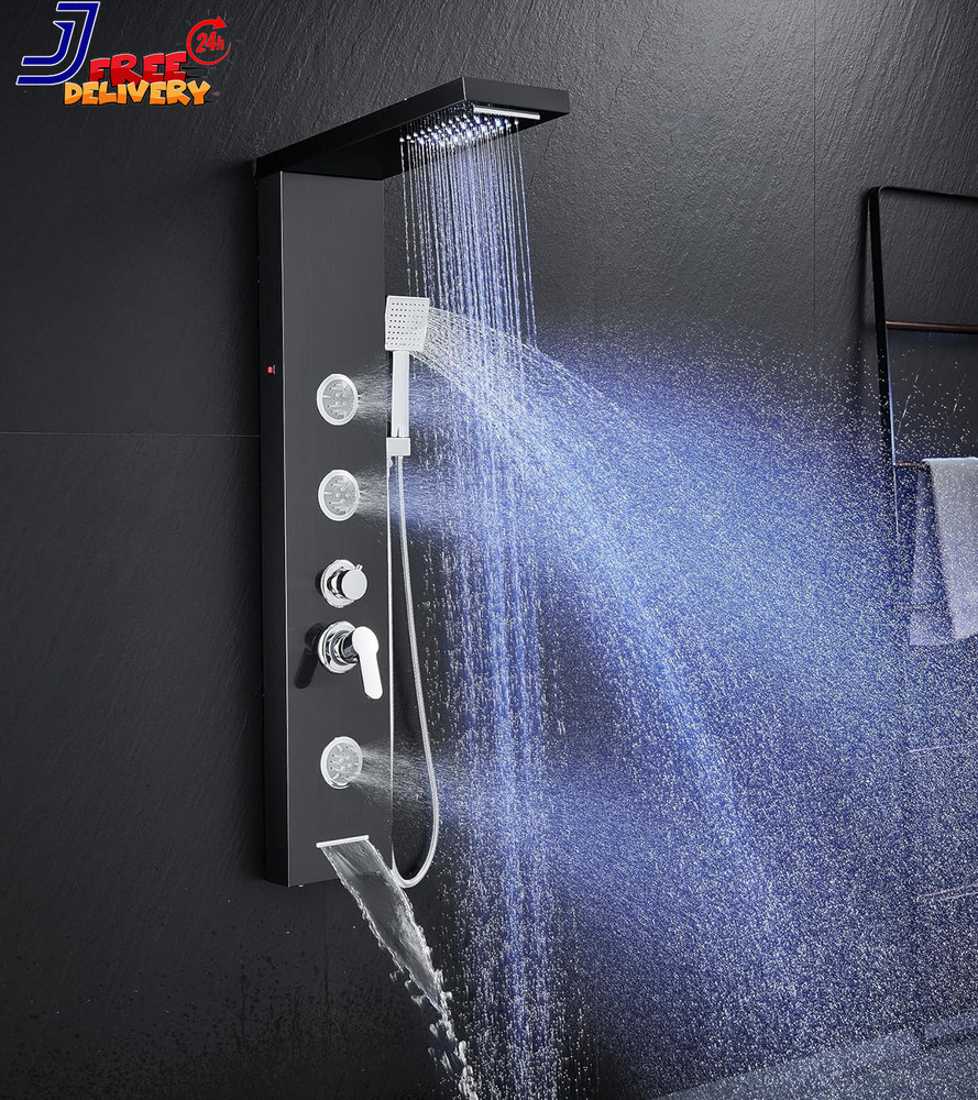Multi-Function LED Lights Shower Panel System Black 5 in 1 Shower Panel NEW