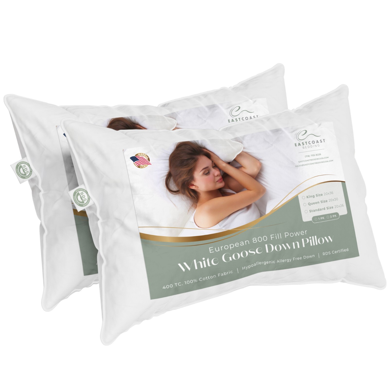 European 800 fill Power 100% White Goose Down Pillows Luxury Hotel Pillows