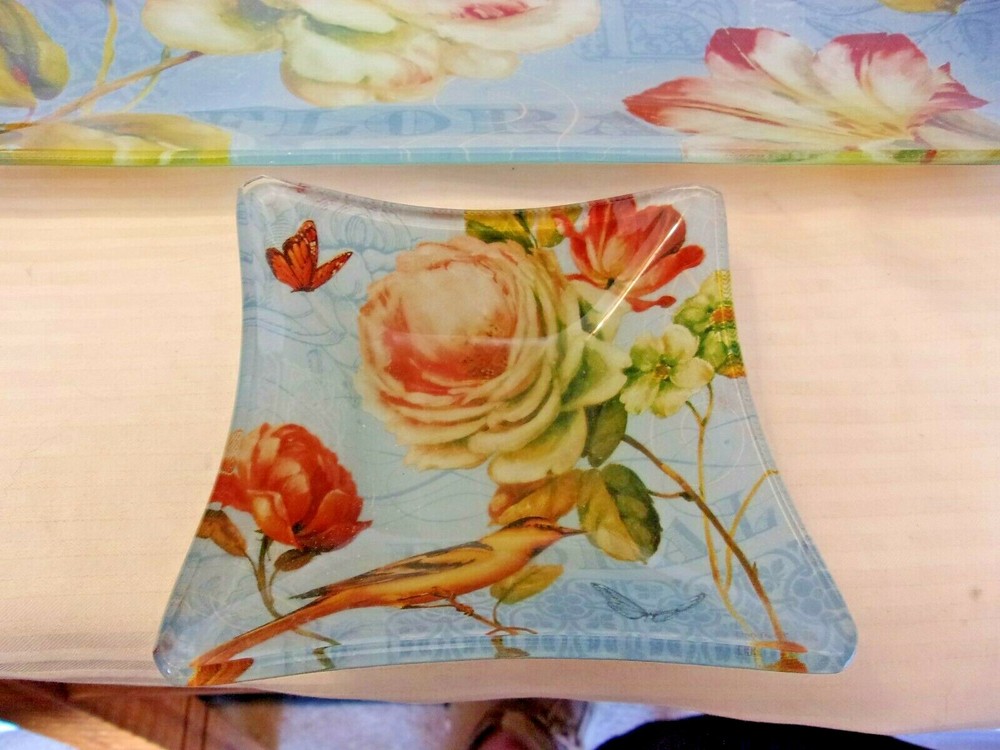 Rectangular Glass Platter and Dip Bowl Floral Pattern by Lisa Audit